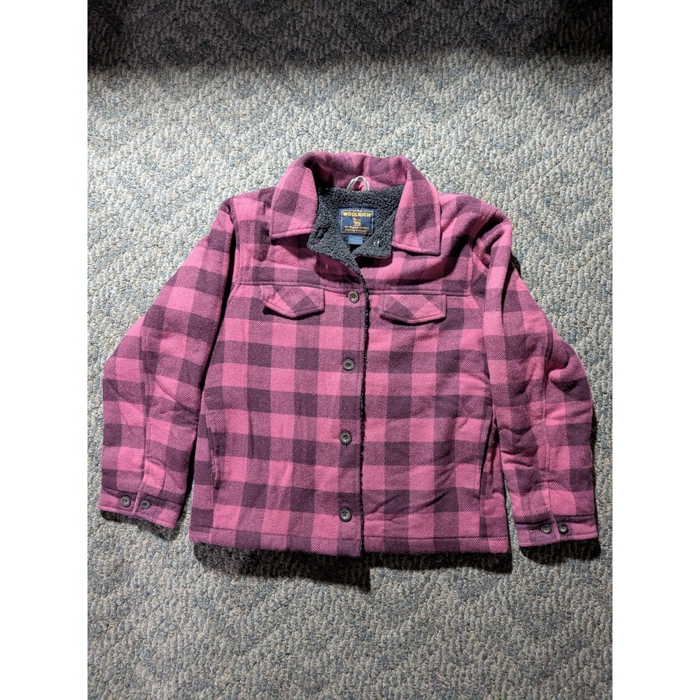 Woolrich Maroon Buffalo Plaid Sherpa Lined Fleece Shirt Jacket Shacket Womens L